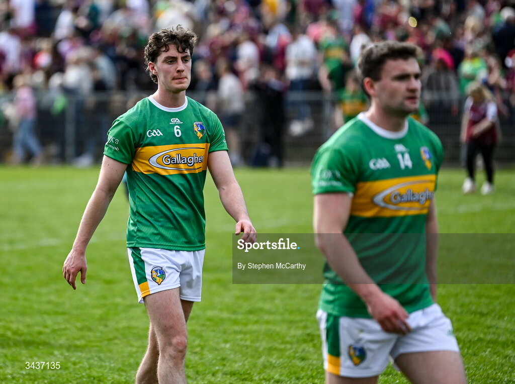 25 April 2026; Mark Diffley of Leitrim, left, following his side's defeat in the Connacht GAA Football Senior Championship semi-final match between Leitrim and Galway at Heartland Credit Union Páirc Seán Mac Diarmada in Carrick-on-Shannon, Leitrim. Photo by Stephen McCarthy/Sportsfile
