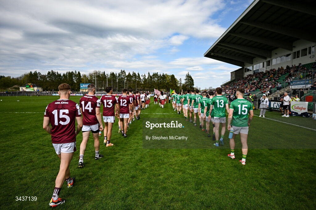 25 April 2026; Galway and Leitrim players walk in the pre-match parade before the Connacht GAA Football Senior Championship semi-final match between Leitrim and Galway at Heartland Credit Union Páirc Seán Mac Diarmada in Carrick-on-Shannon, Leitrim. Photo by Stephen McCarthy/Sportsfile