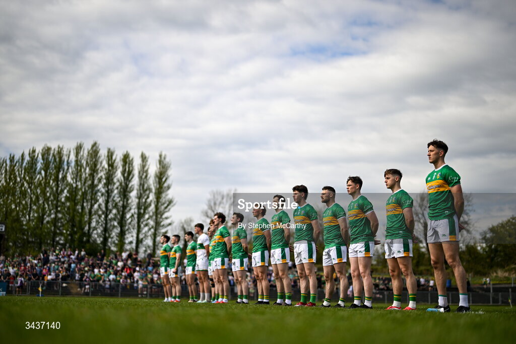 25 April 2026; Leitrim players stand for the playing of the national anthem, Amhrán na bhFiann, before the Connacht GAA Football Senior Championship semi-final match between Leitrim and Galway at Heartland Credit Union Páirc Seán Mac Diarmada in Carrick-on-Shannon, Leitrim. Photo by Stephen McCarthy/Sportsfile