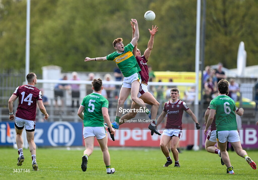 25 April 2026; Ben Guckian of Leitrim in action against John Maher of Galway during the Connacht GAA Football Senior Championship semi-final match between Leitrim and Galway at Heartland Credit Union Páirc Seán Mac Diarmada in Carrick-on-Shannon, Leitrim. Photo by Stephen McCarthy/Sportsfile