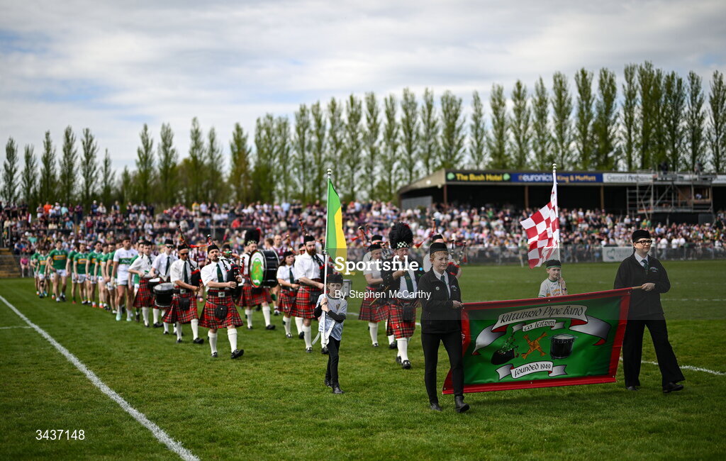 25 April 2026; The Kiltubrid Pipe Band lead the pre-match parade before the Connacht GAA Football Senior Championship semi-final match between Leitrim and Galway at Heartland Credit Union Páirc Seán Mac Diarmada in Carrick-on-Shannon, Leitrim. Photo by Stephen McCarthy/Sportsfile