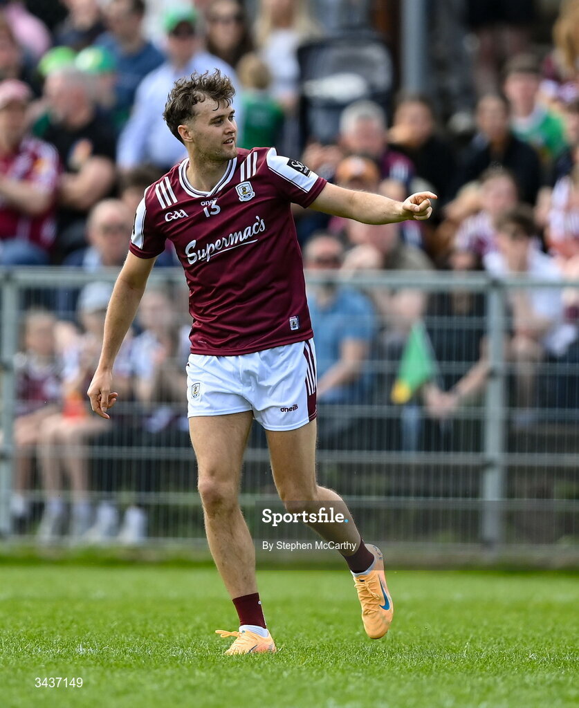 25 April 2026; Robert Finnerty of Galway after a score during the Connacht GAA Football Senior Championship semi-final match between Leitrim and Galway at Heartland Credit Union Páirc Seán Mac Diarmada in Carrick-on-Shannon, Leitrim. Photo by Stephen McCarthy/Sportsfile