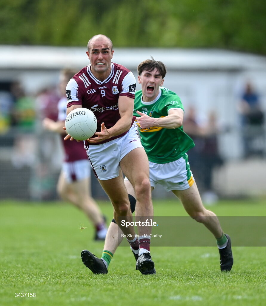 25 April 2026; John Maher of Galway in action against Tom Prior of Leitrim during the Connacht GAA Football Senior Championship semi-final match between Leitrim and Galway at Heartland Credit Union Páirc Seán Mac Diarmada in Carrick-on-Shannon, Leitrim. Photo by Stephen McCarthy/Sportsfile