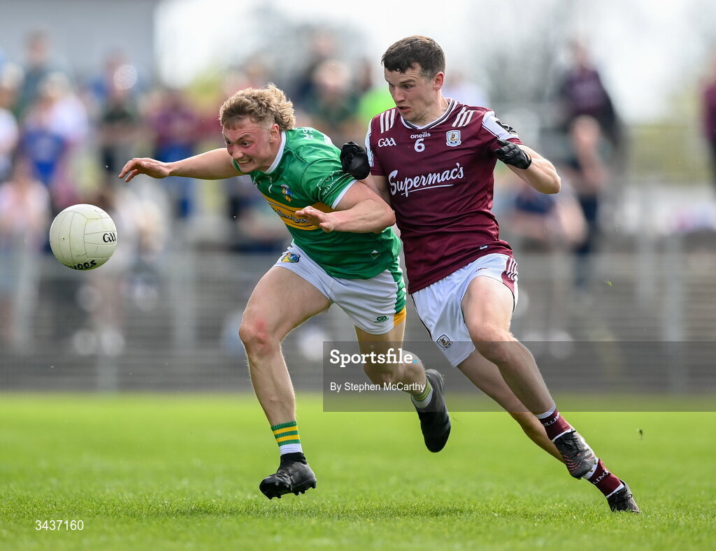 25 April 2026; Keith Keegan of Leitrim is tackled by John Daly of Galway during the Connacht GAA Football Senior Championship semi-final match between Leitrim and Galway at Heartland Credit Union Páirc Seán Mac Diarmada in Carrick-on-Shannon, Leitrim. Photo by Stephen McCarthy/Sportsfile