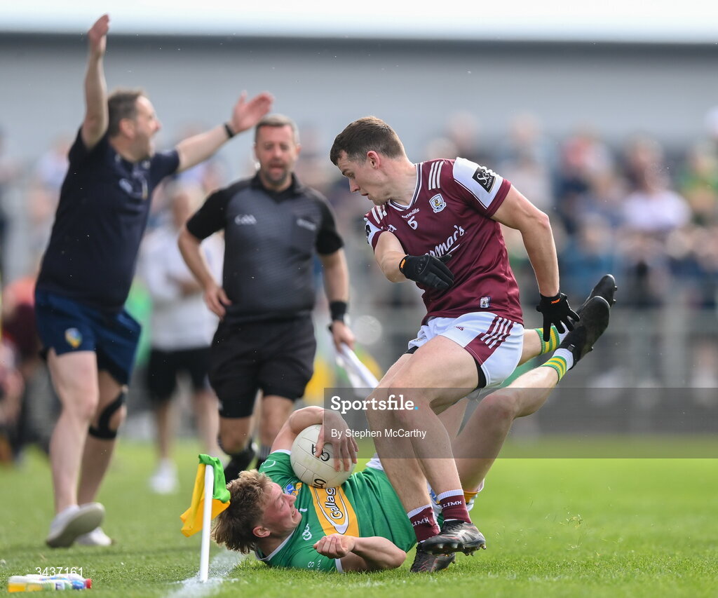 25 April 2026; Keith Keegan of Leitrim is tackled by John Daly of Galway during the Connacht GAA Football Senior Championship semi-final match between Leitrim and Galway at Heartland Credit Union Páirc Seán Mac Diarmada in Carrick-on-Shannon, Leitrim. Photo by Stephen McCarthy/Sportsfile