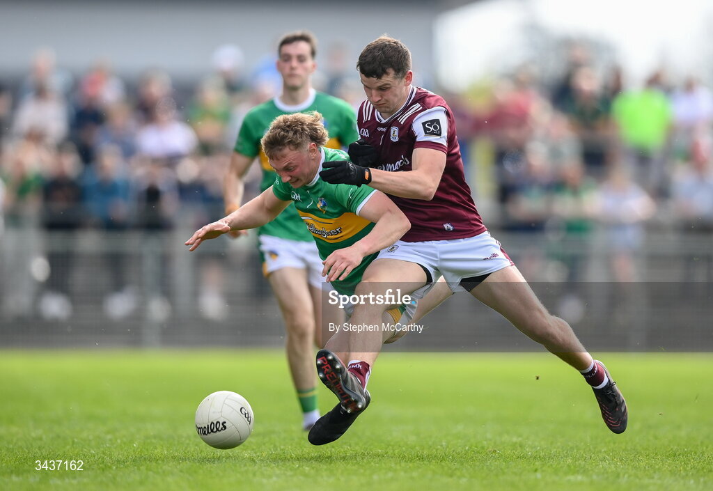 25 April 2026; Keith Keegan of Leitrim is tackled by John Daly of Galway during the Connacht GAA Football Senior Championship semi-final match between Leitrim and Galway at Heartland Credit Union Páirc Seán Mac Diarmada in Carrick-on-Shannon, Leitrim. Photo by Stephen McCarthy/Sportsfile