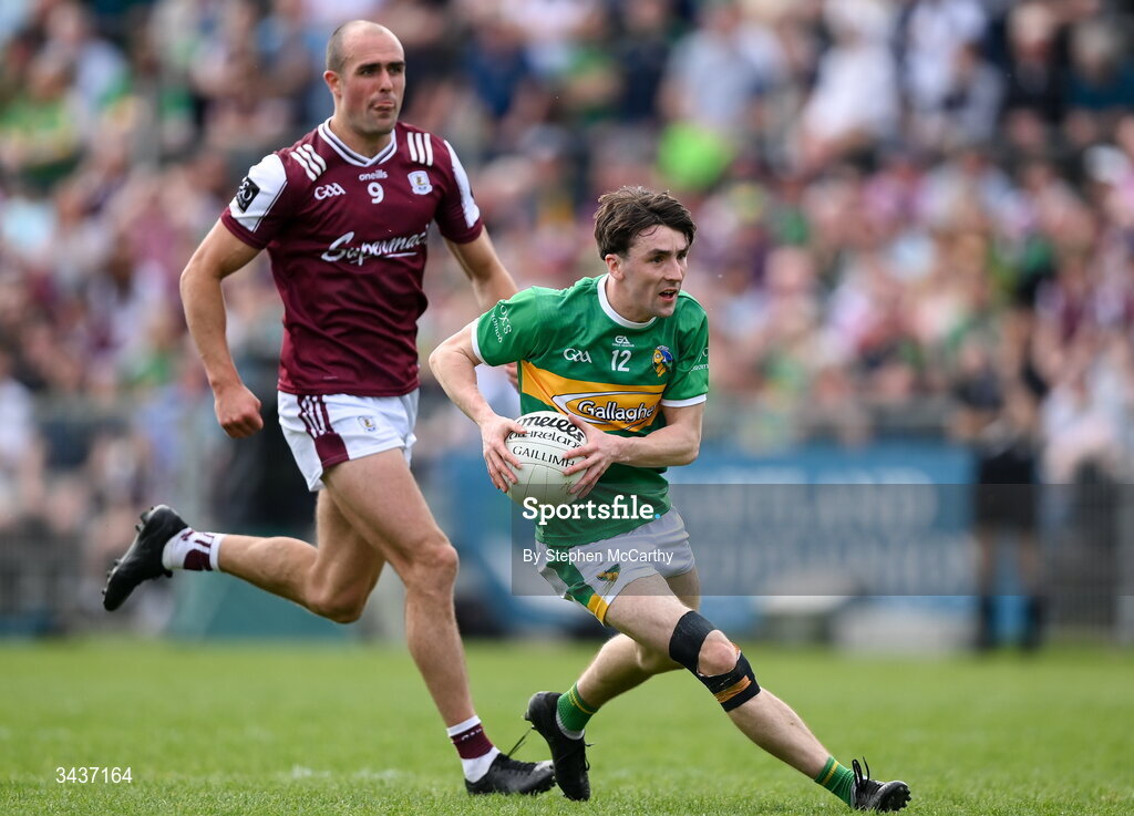 25 April 2026; Tom Prior of Leitrim and John Maher of Galway during the Connacht GAA Football Senior Championship semi-final match between Leitrim and Galway at Heartland Credit Union Páirc Seán Mac Diarmada in Carrick-on-Shannon, Leitrim. Photo by Stephen McCarthy/Sportsfile