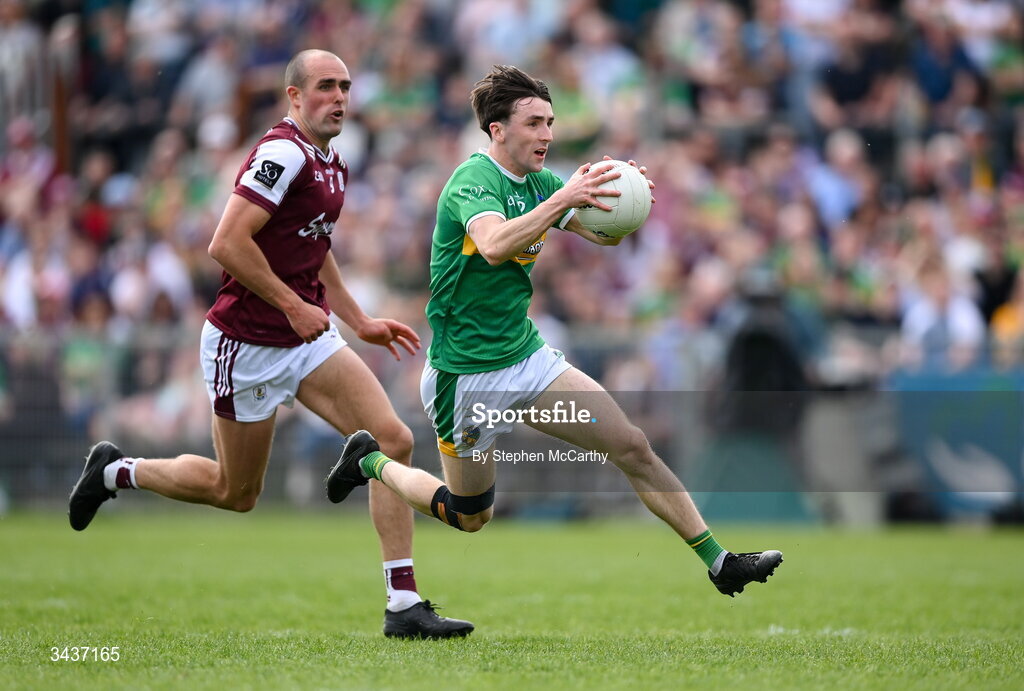 25 April 2026; Tom Prior of Leitrim and John Maher of Galway during the Connacht GAA Football Senior Championship semi-final match between Leitrim and Galway at Heartland Credit Union Páirc Seán Mac Diarmada in Carrick-on-Shannon, Leitrim. Photo by Stephen McCarthy/Sportsfile