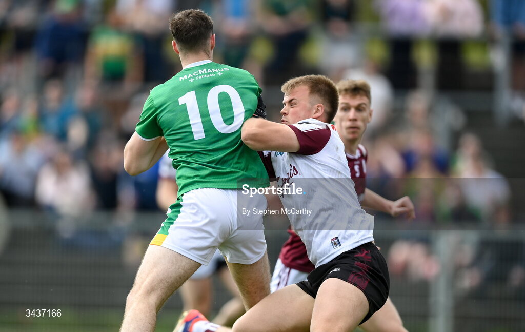 25 April 2026; Fergal McLoughlin of Leitrim is tackled by Galway goalkeeper Conor Flaherty resulting in the Galway goalkeeper being shown a black card during the Connacht GAA Football Senior Championship semi-final match between Leitrim and Galway at Heartland Credit Union Páirc Seán Mac Diarmada in Carrick-on-Shannon, Leitrim. Photo by Stephen McCarthy/Sportsfile