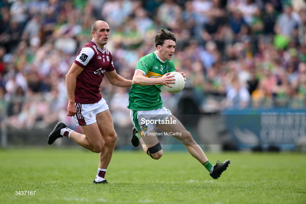 25 April 2026; Tom Prior of Leitrim and John Maher of Galway during the Connacht GAA Football Senior Championship semi-final match between Leitrim and Galway at Heartland Credit Union Páirc Seán Mac Diarmada in Carrick-on-Shannon, Leitrim. Photo by Stephen McCarthy/Sportsfile