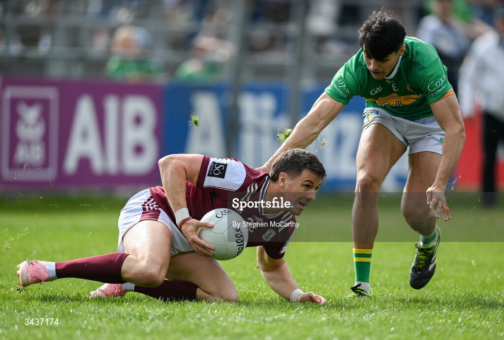 25 April 2026; Shane Walsh of Galway in action against Conor Quinn of Leitrim during the Connacht GAA Football Senior Championship semi-final match between Leitrim and Galway at Heartland Credit Union Páirc Seán Mac Diarmada in Carrick-on-Shannon, Leitrim. Photo by Stephen McCarthy/Sportsfile