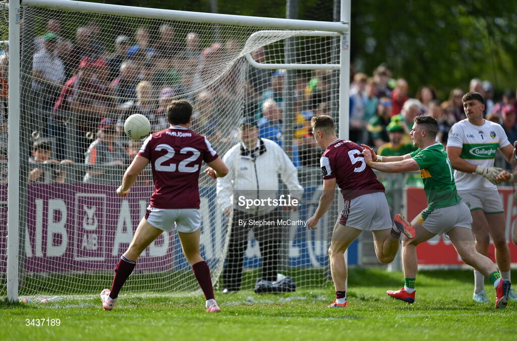 25 April 2026; Dylan McHugh of Galway, 5, scores his side's goal during the Connacht GAA Football Senior Championship semi-final match between Leitrim and Galway at Heartland Credit Union Páirc Seán Mac Diarmada in Carrick-on-Shannon, Leitrim. Photo by Stephen McCarthy/Sportsfile