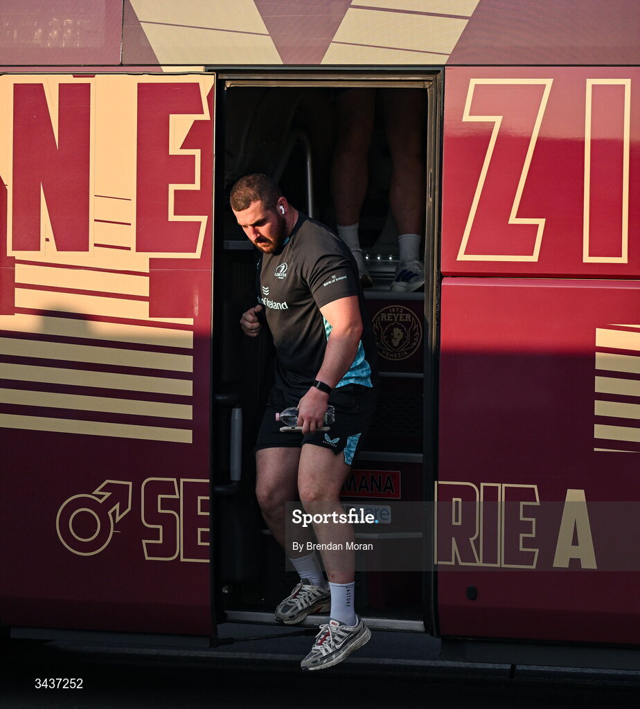 25 April 2026; Jerry Cahir of Leinster arrives before the United Rugby Championship match between Benetton and Leinster at Stadio Monigo in Treviso, Italy. Photo by Brendan Moran/Sportsfile