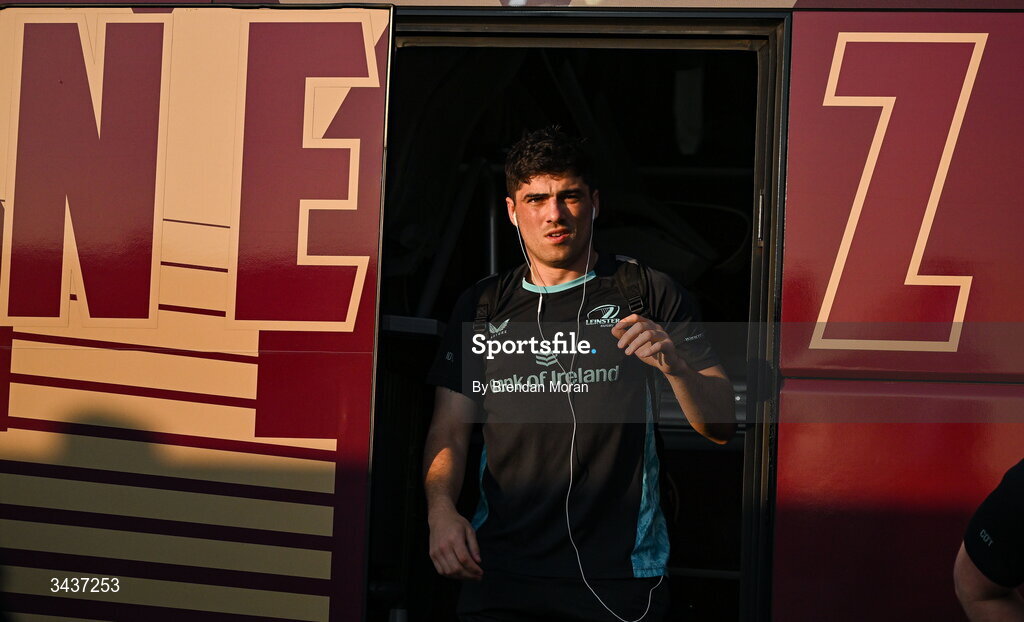 25 April 2026; Jimmy O'Brien of Leinster arrives before the United Rugby Championship match between Benetton and Leinster at Stadio Monigo in Treviso, Italy. Photo by Brendan Moran/Sportsfile