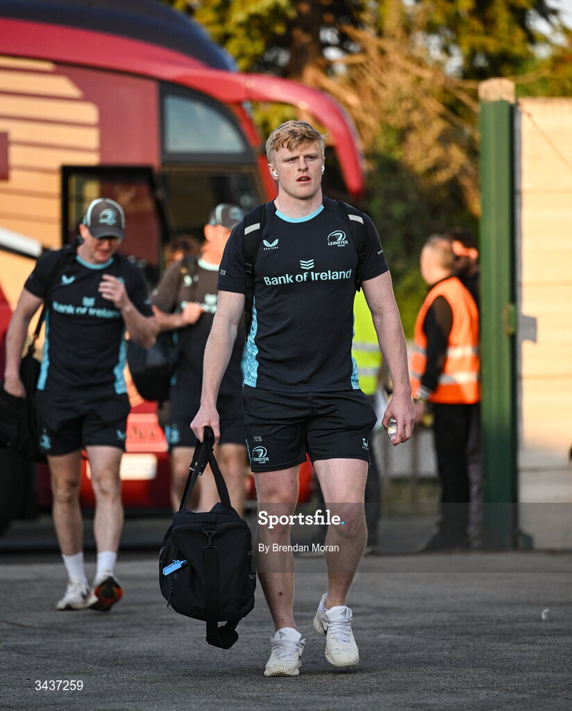 25 April 2026; Tommy O'Brien of Leinster arrives before the United Rugby Championship match between Benetton and Leinster at Stadio Monigo in Treviso, Italy. Photo by Brendan Moran/Sportsfile