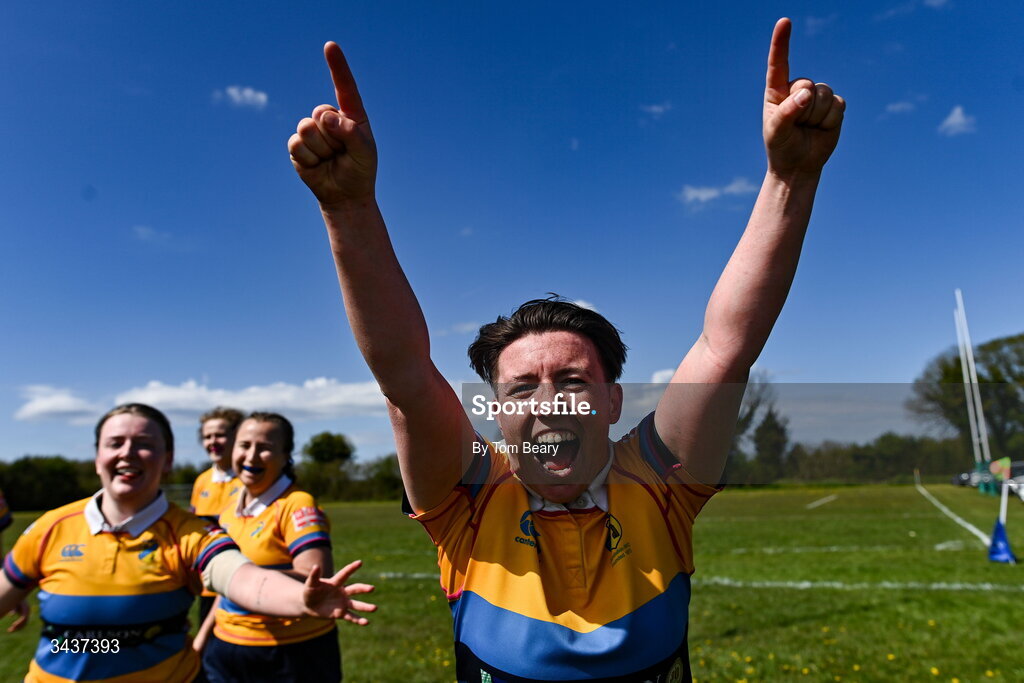 25 April 2026; Clondalkin RFC captain Louise Dixon celebrates after her side’s victory in the Leinster Rugby Women's Paul Cusack Plate final match between Birr RFC and Clondalkin RFC at Portlaoise RFC in Portlaoise, Laois. Photo by Tom Beary/Sportsfile