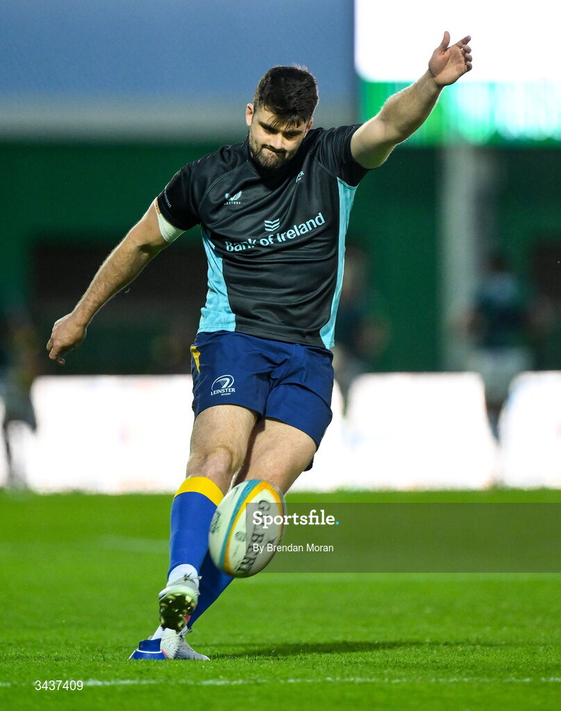 25 April 2026; Harry Byrne of Leinster warms up before the United Rugby Championship match between Benetton and Leinster at Stadio Monigo in Treviso, Italy. Photo by Brendan Moran/Sportsfile