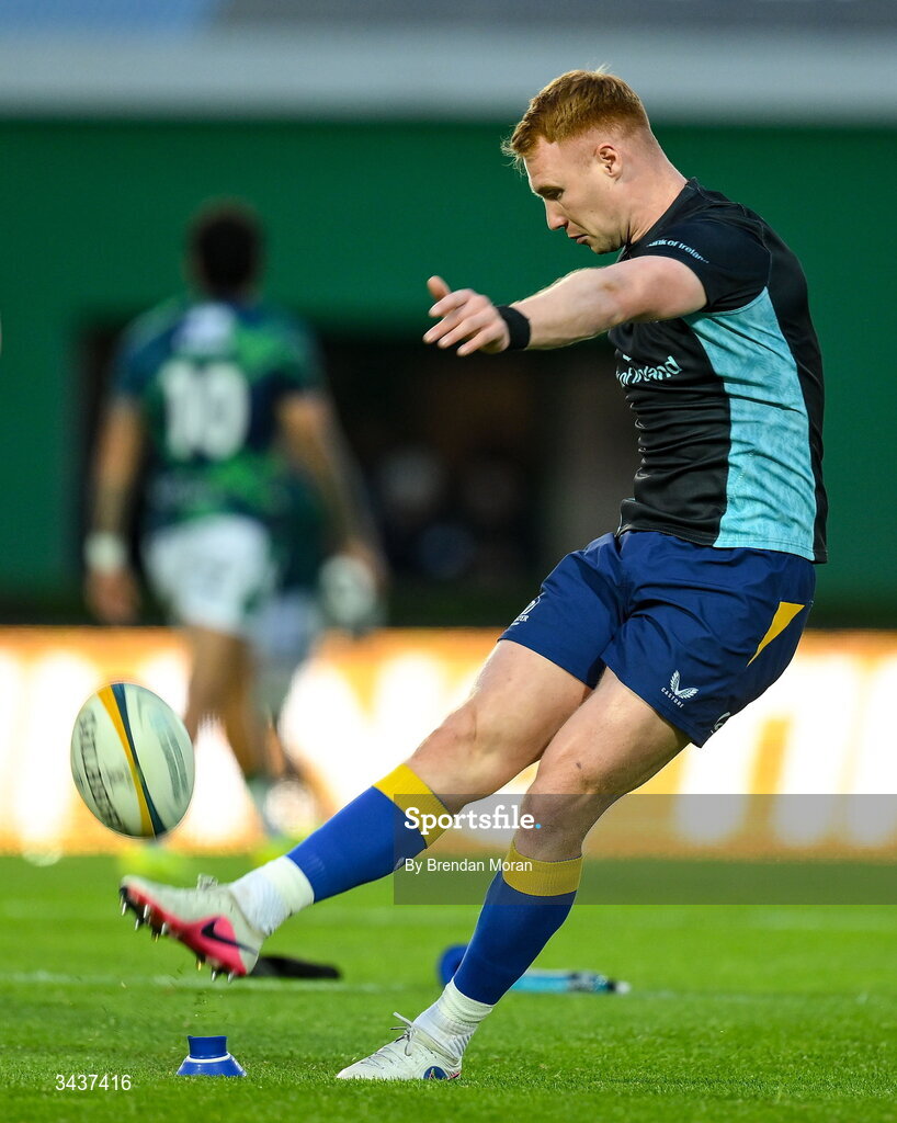 25 April 2026; Ciarán Frawley of Leinster warms up before the United Rugby Championship match between Benetton and Leinster at Stadio Monigo in Treviso, Italy. Photo by Brendan Moran/Sportsfile