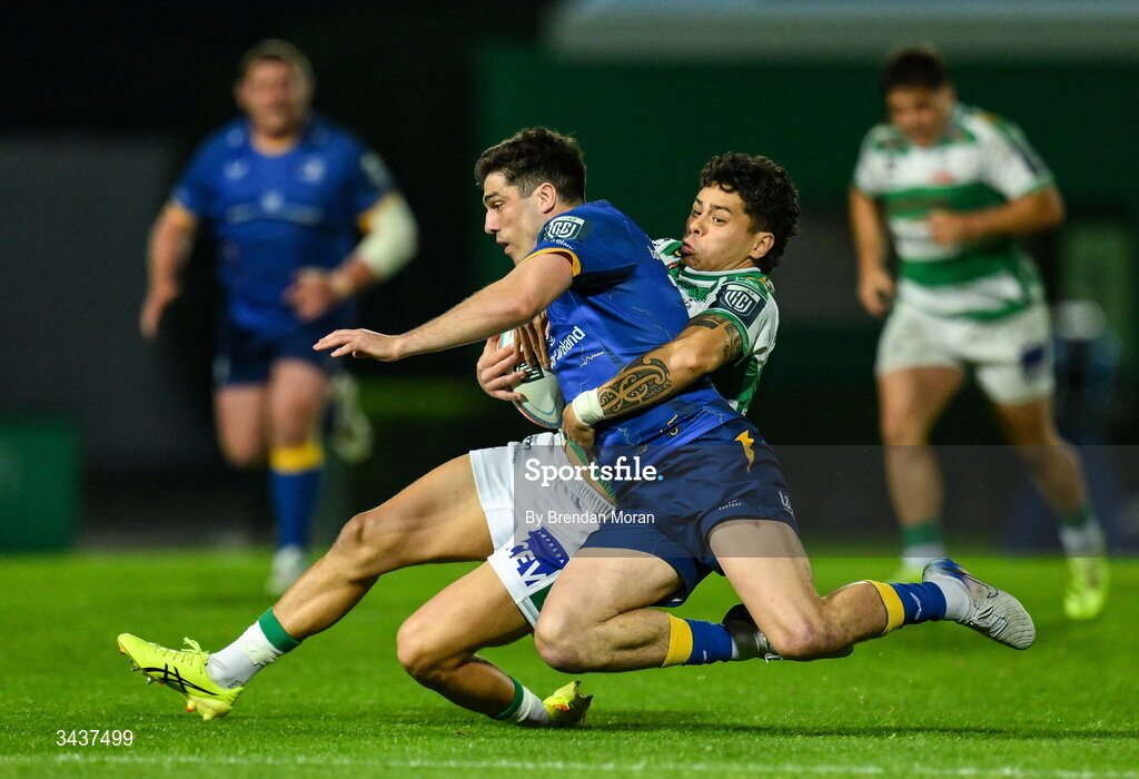 25 April 2026; Jimmy O'Brien of Leinster is tackled by Jacob Umaga of Benetton during the United Rugby Championship match between Benetton and Leinster at Stadio Monigo in Treviso, Italy. Photo by Brendan Moran/Sportsfile