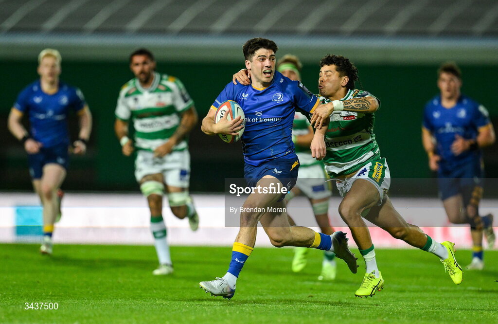 25 April 2026; Jimmy O'Brien of Leinster is tackled by Jacob Umaga of Benetton during the United Rugby Championship match between Benetton and Leinster at Stadio Monigo in Treviso, Italy. Photo by Brendan Moran/Sportsfile