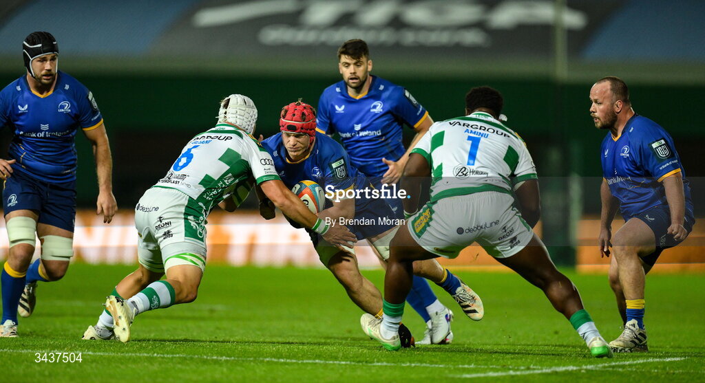 25 April 2026; Josh van der Flier of Leinster is tackled by Manuel Zuliani of Benetton during the United Rugby Championship match between Benetton and Leinster at Stadio Monigo in Treviso, Italy. Photo by Brendan Moran/Sportsfile