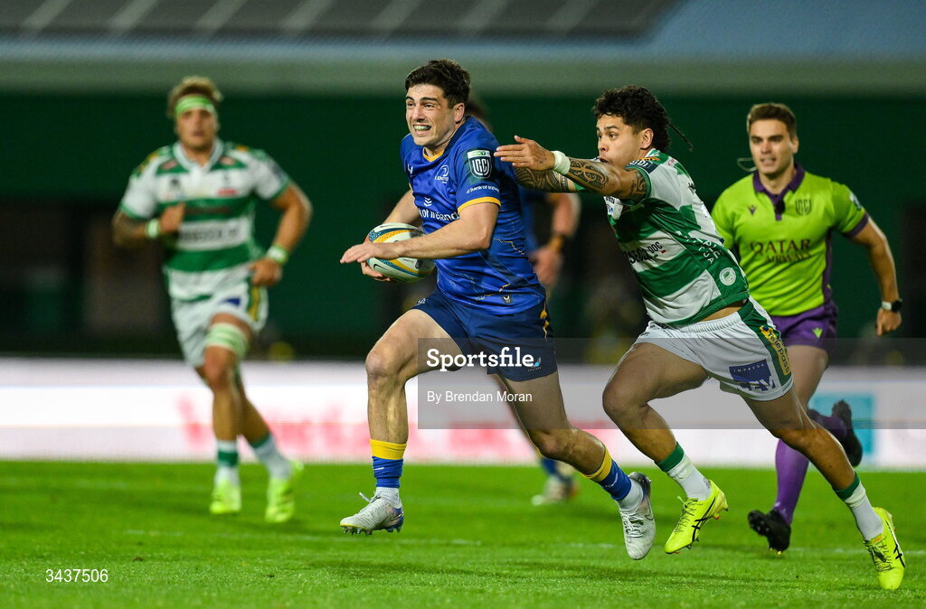 25 April 2026; Jimmy O'Brien of Leinster is tackled by Jacob Umaga of Benetton during the United Rugby Championship match between Benetton and Leinster at Stadio Monigo in Treviso, Italy. Photo by Brendan Moran/Sportsfile