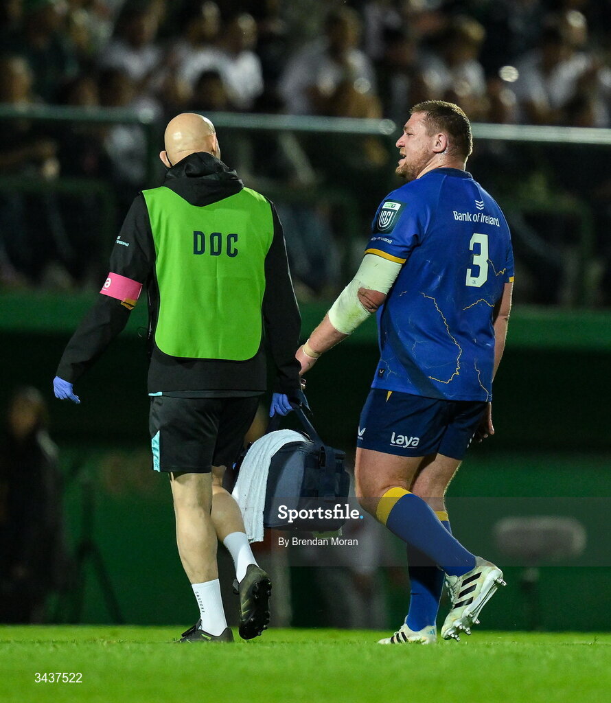 25 April 2026; Tadhg Furlong of Leinster leaves the pitch during the United Rugby Championship match between Benetton and Leinster at Stadio Monigo in Treviso, Italy. Photo by Brendan Moran/Sportsfile