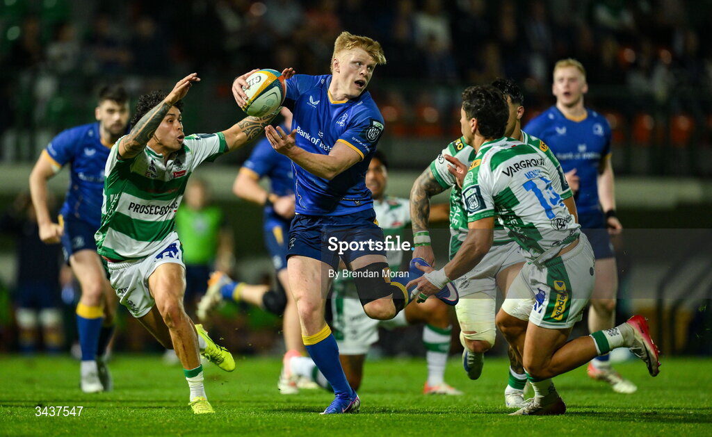 25 April 2026; Tommy O'Brien of Leinster in action against Jacob Umaga and Ignacio Mendy of Benetton during the United Rugby Championship match between Benetton and Leinster at Stadio Monigo in Treviso, Italy. Photo by Brendan Moran/Sportsfile