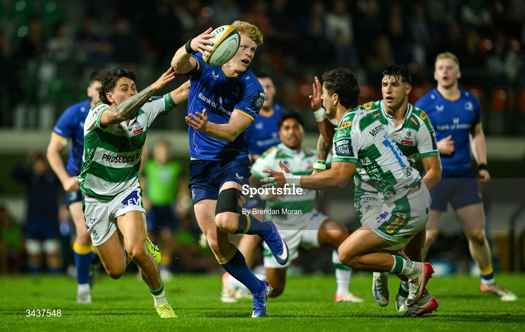 25 April 2026; Tommy O'Brien of Leinster in action against Jacob Umaga and Ignacio Mendy of Benetton during the United Rugby Championship match between Benetton and Leinster at Stadio Monigo in Treviso, Italy. Photo by Brendan Moran/Sportsfile
