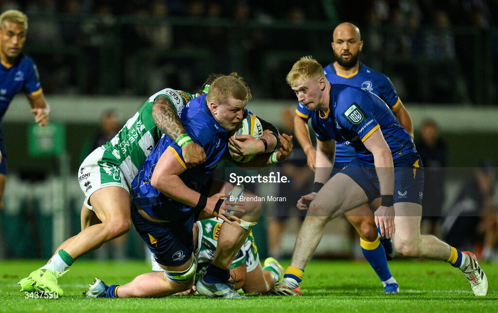 25 April 2026; Conor O’Tighearnaigh of Leinster is tackled by Lorenzo Cannone of Benetton during the United Rugby Championship match between Benetton and Leinster at Stadio Monigo in Treviso, Italy. Photo by Brendan Moran/Sportsfile