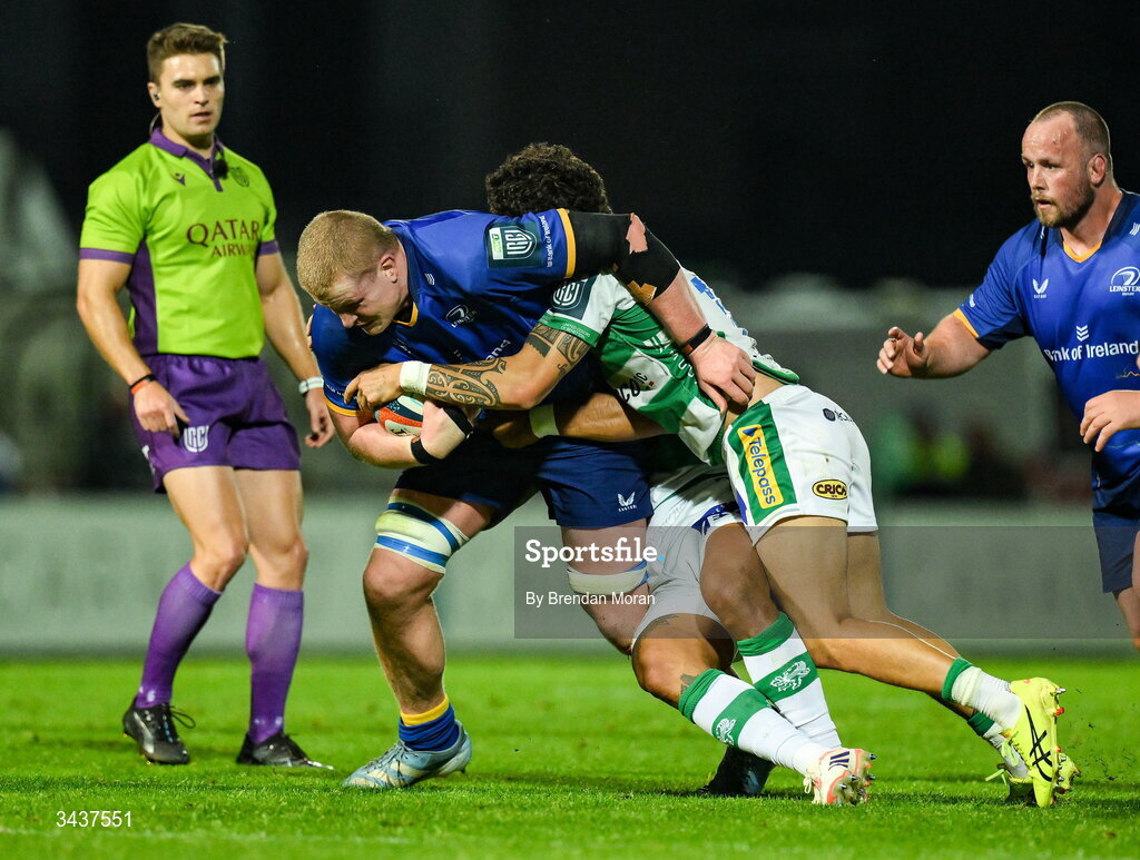 25 April 2026; Conor O’Tighearnaigh of Leinster is tackled by Jacob Umaga of Benetton during the United Rugby Championship match between Benetton and Leinster at Stadio Monigo in Treviso, Italy. Photo by Brendan Moran/Sportsfile