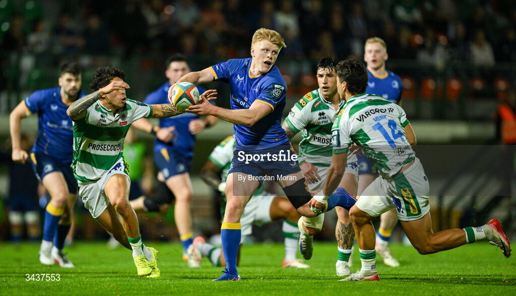 25 April 2026; Tommy O'Brien of Leinster in action against Jacob Umaga and Ignacio Mendy of Benetton during the United Rugby Championship match between Benetton and Leinster at Stadio Monigo in Treviso, Italy. Photo by Brendan Moran/Sportsfile