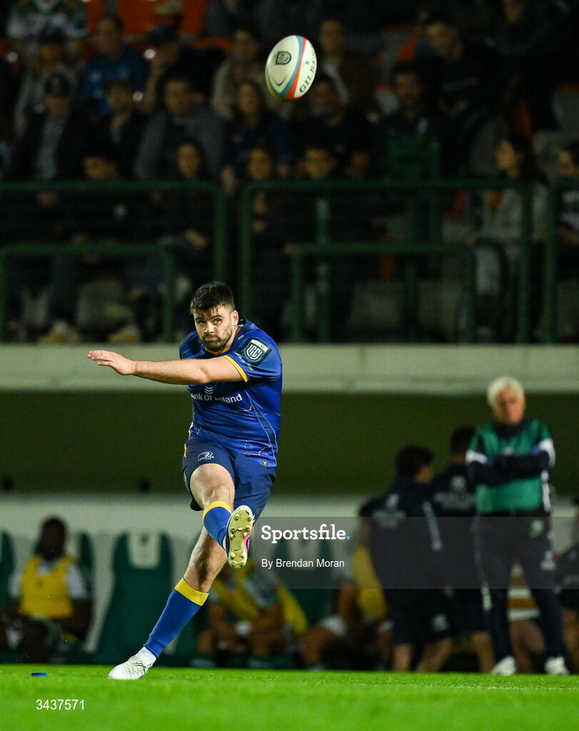 25 April 2026; Harry Byrne of Leinster kicks a conversion during the United Rugby Championship match between Benetton and Leinster at Stadio Monigo in Treviso, Italy. Photo by Brendan Moran/Sportsfile