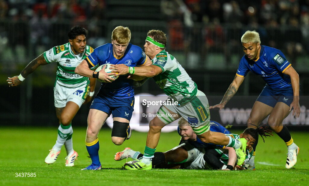 25 April 2026; Tommy O'Brien of Leinster is tackled by Lorenzo Cannone of Benetton during the United Rugby Championship match between Benetton and Leinster at Stadio Monigo in Treviso, Italy. Photo by Brendan Moran/Sportsfile