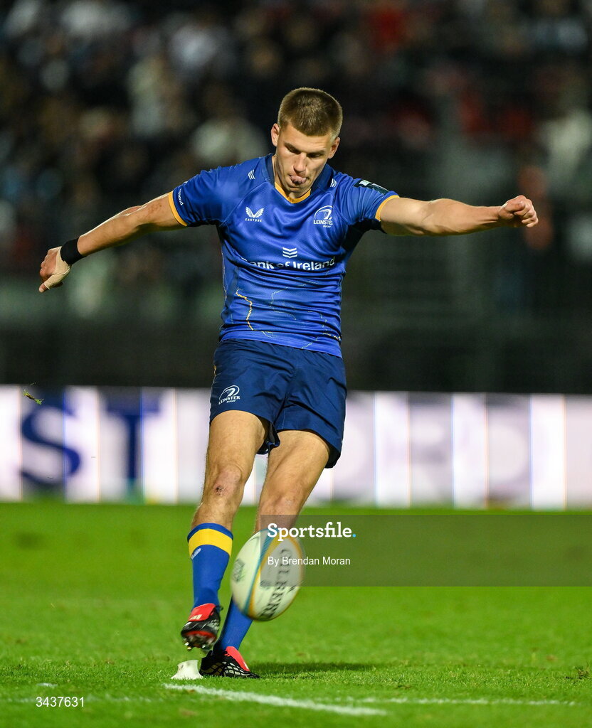25 April 2026; Sam Prendergast of Leinster kicks a conversion during the United Rugby Championship match between Benetton and Leinster at Stadio Monigo in Treviso, Italy. Photo by Brendan Moran/Sportsfile