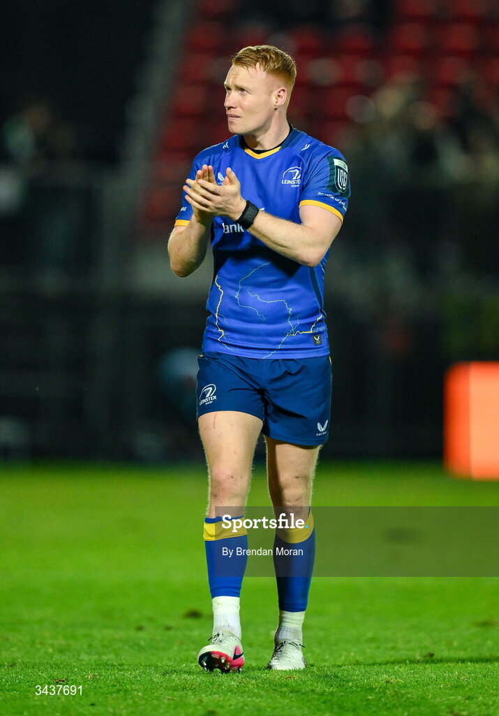 25 April 2026; Ciarán Frawley of Leinster applauds supporters after the United Rugby Championship match between Benetton and Leinster at Stadio Monigo in Treviso, Italy. Photo by Brendan Moran/Sportsfile