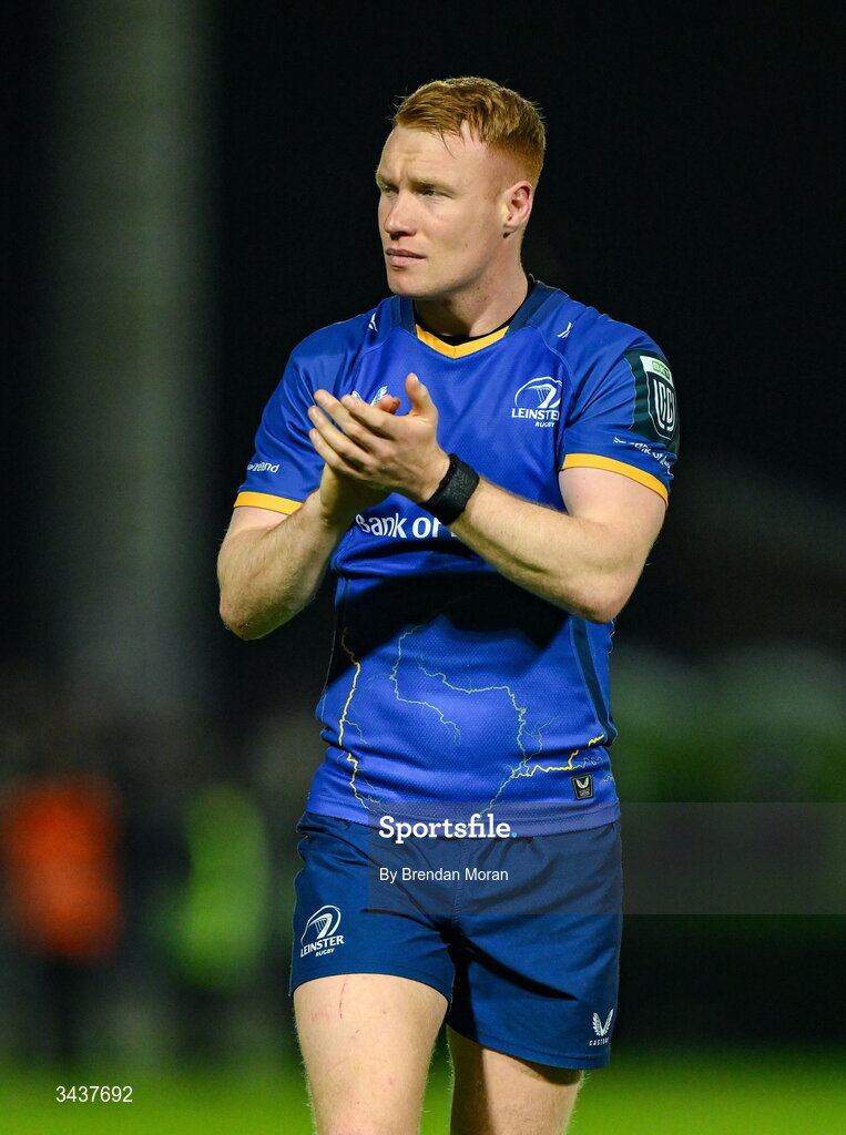 25 April 2026; Ciarán Frawley of Leinster applauds supporters after the United Rugby Championship match between Benetton and Leinster at Stadio Monigo in Treviso, Italy. Photo by Brendan Moran/Sportsfile