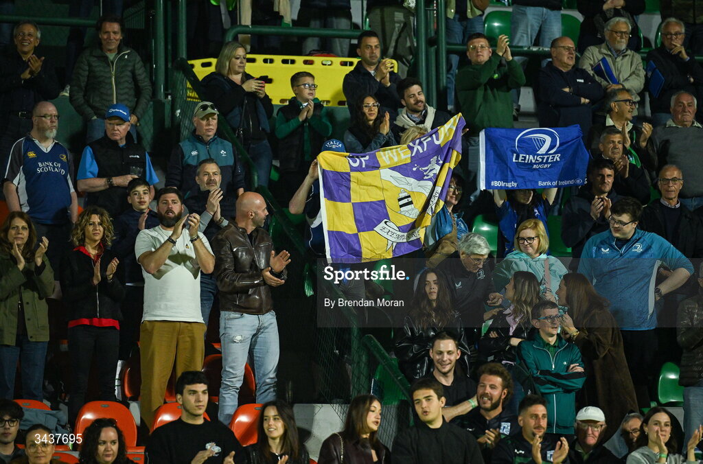 25 April 2026; Leinster supporters applaud their team after the United Rugby Championship match between Benetton and Leinster at Stadio Monigo in Treviso, Italy. Photo by Brendan Moran/Sportsfile