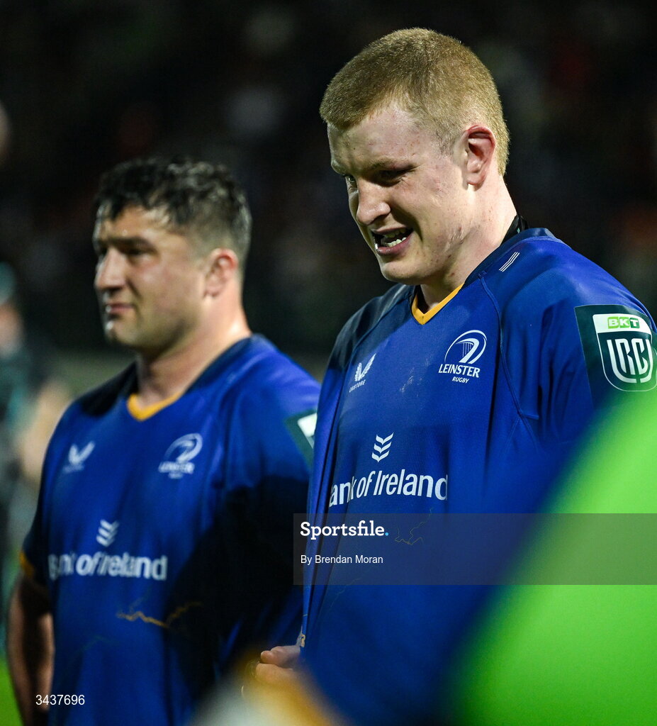 25 April 2026; Conor O'Tighearnaigh, right, and Thomas Clarkson of Leinster after the United Rugby Championship match between Benetton and Leinster at Stadio Monigo in Treviso, Italy. Photo by Brendan Moran/Sportsfile