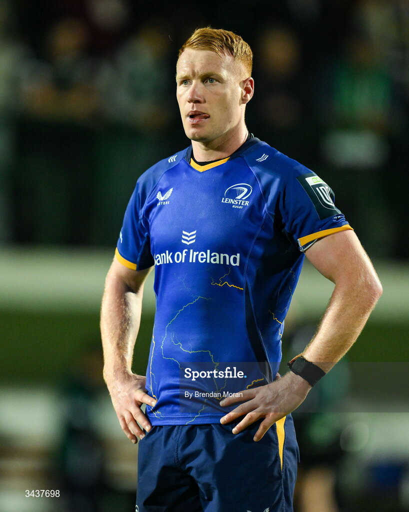 25 April 2026; Ciarán Frawley of Leinster after the United Rugby Championship match between Benetton and Leinster at Stadio Monigo in Treviso, Italy. Photo by Brendan Moran/Sportsfile