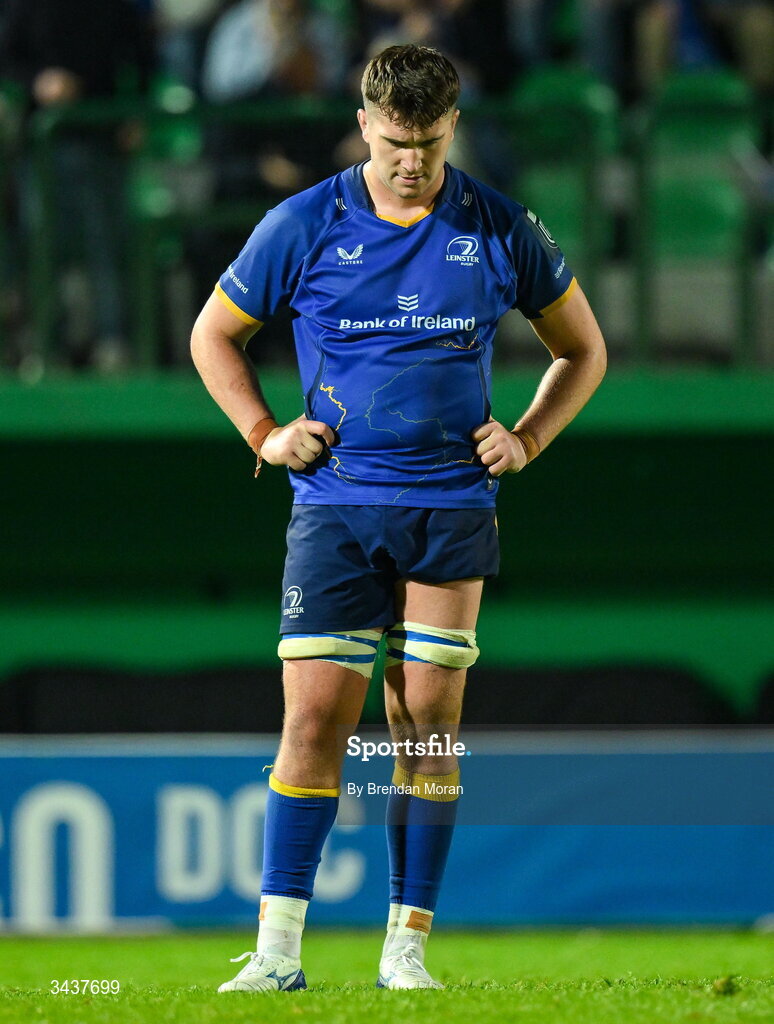 25 April 2026; Brian Deeny of Leinster after the United Rugby Championship match between Benetton and Leinster at Stadio Monigo in Treviso, Italy. Photo by Brendan Moran/Sportsfile