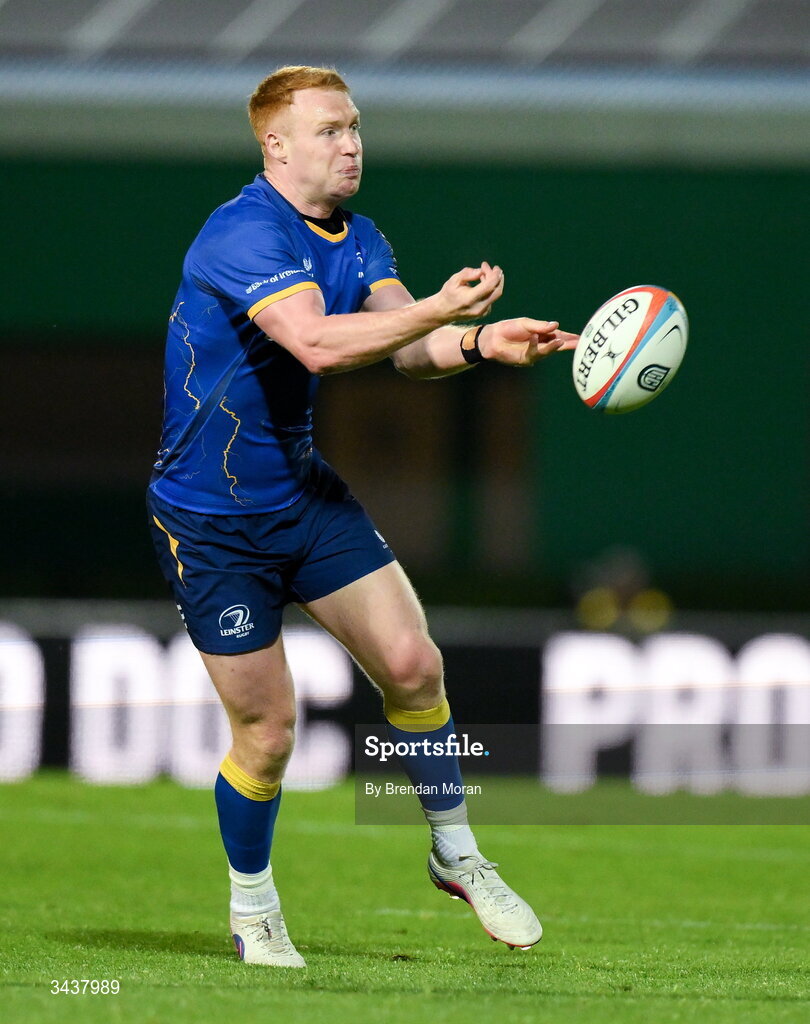 25 April 2026; Ciarán Frawley of Leinster during the United Rugby Championship match between Benetton and Leinster at Stadio Monigo in Treviso, Italy. Photo by Brendan Moran/Sportsfile