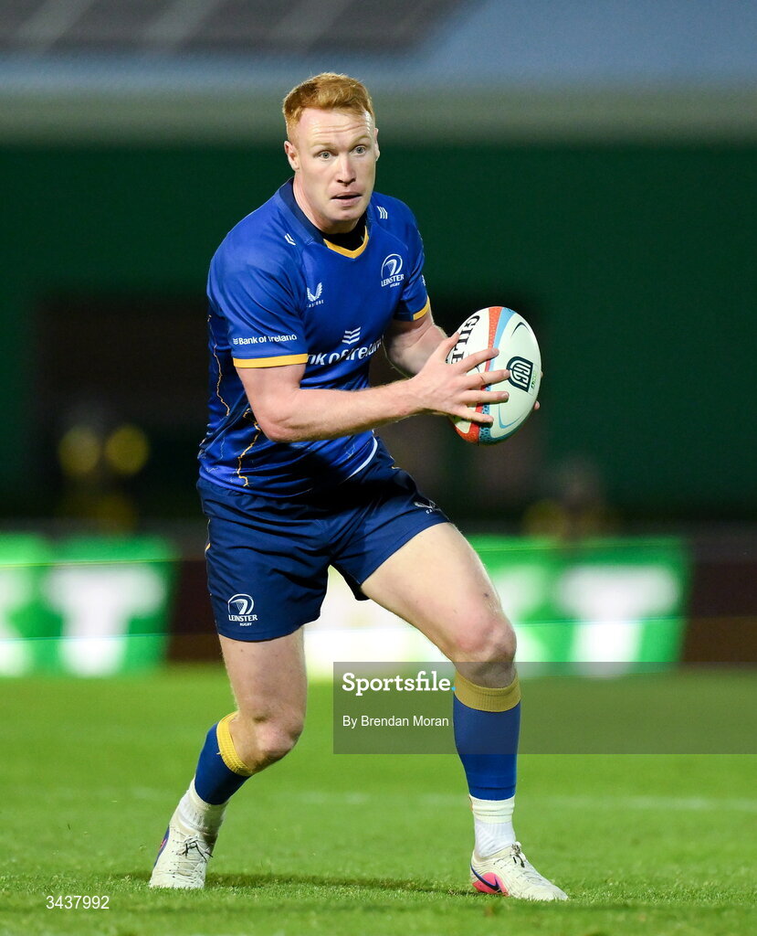 25 April 2026; Ciarán Frawley of Leinster during the United Rugby Championship match between Benetton and Leinster at Stadio Monigo in Treviso, Italy. Photo by Brendan Moran/Sportsfile