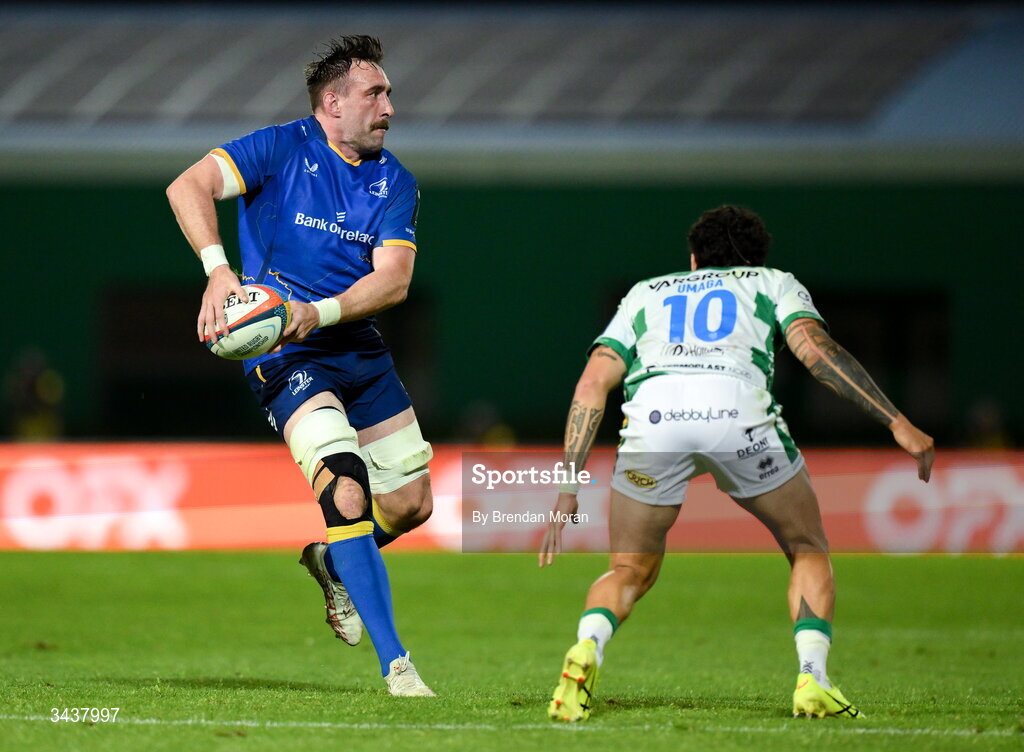 25 April 2026; Jack Conan of Leinster in action against Jacob Umaga of Benetton during the United Rugby Championship match between Benetton and Leinster at Stadio Monigo in Treviso, Italy. Photo by Brendan Moran/Sportsfile