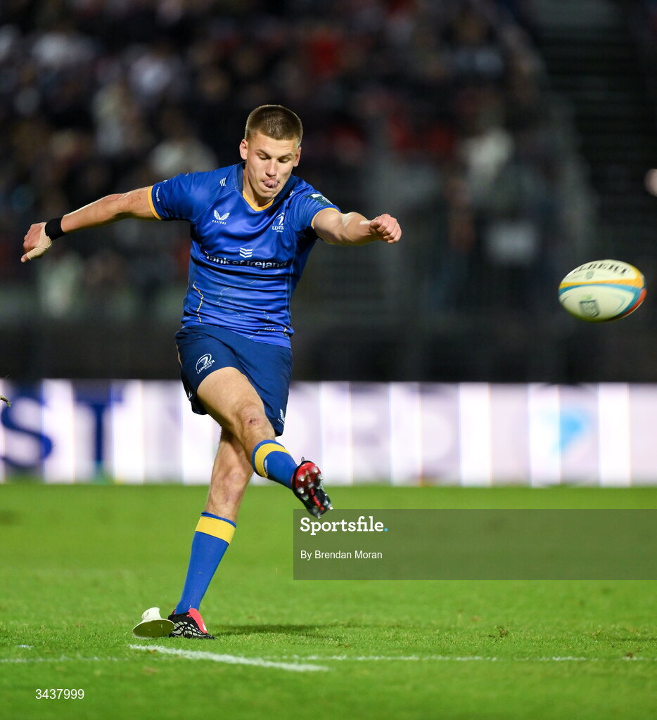 25 April 2026; Sam Prendergast of Leinster kicks a conversion during the United Rugby Championship match between Benetton and Leinster at Stadio Monigo in Treviso, Italy. Photo by Brendan Moran/Sportsfile