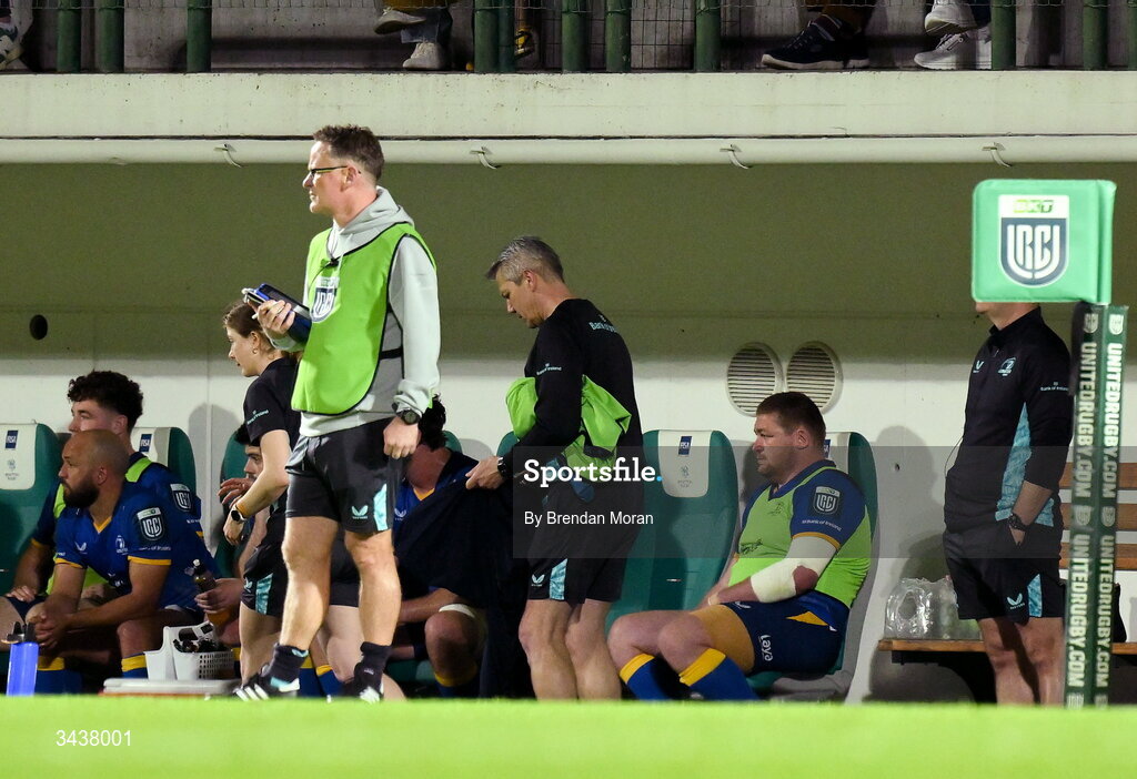 25 April 2026; Tadhg Furlong of Leinster, right, looks on during the United Rugby Championship match between Benetton and Leinster at Stadio Monigo in Treviso, Italy. Photo by Brendan Moran/Sportsfile