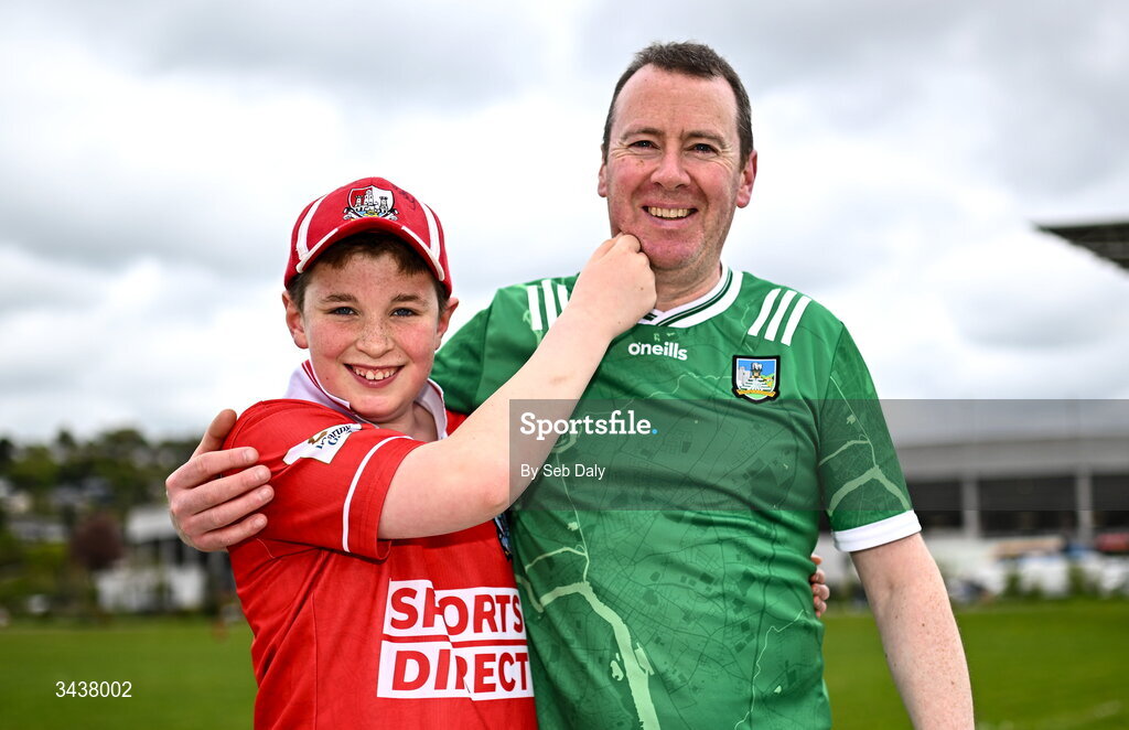 26 April 2026; Cork supporter Jayden Dobinson, age 12, with his father and Limerick supporter Gary, from Churchtown, Cork, before the Munster GAA Senior Hurling Championship Round 2 match between Cork and Limerick at SuperValu Páirc Uí Chaoimh in Cork. Photo by Seb Daly/Sportsfile