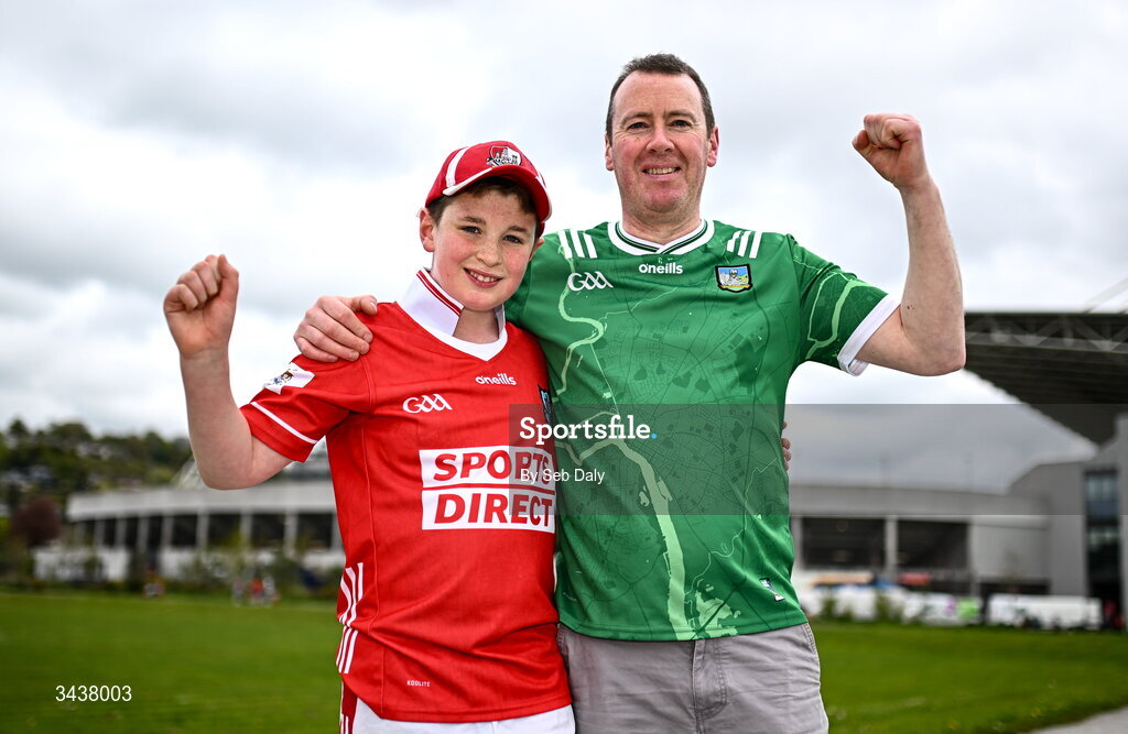 26 April 2026; Cork supporter Jayden Dobinson, age 12, with his father and Limerick supporter Gary, from Churchtown, Cork, before the Munster GAA Senior Hurling Championship Round 2 match between Cork and Limerick at SuperValu Páirc Uí Chaoimh in Cork. Photo by Seb Daly/Sportsfile