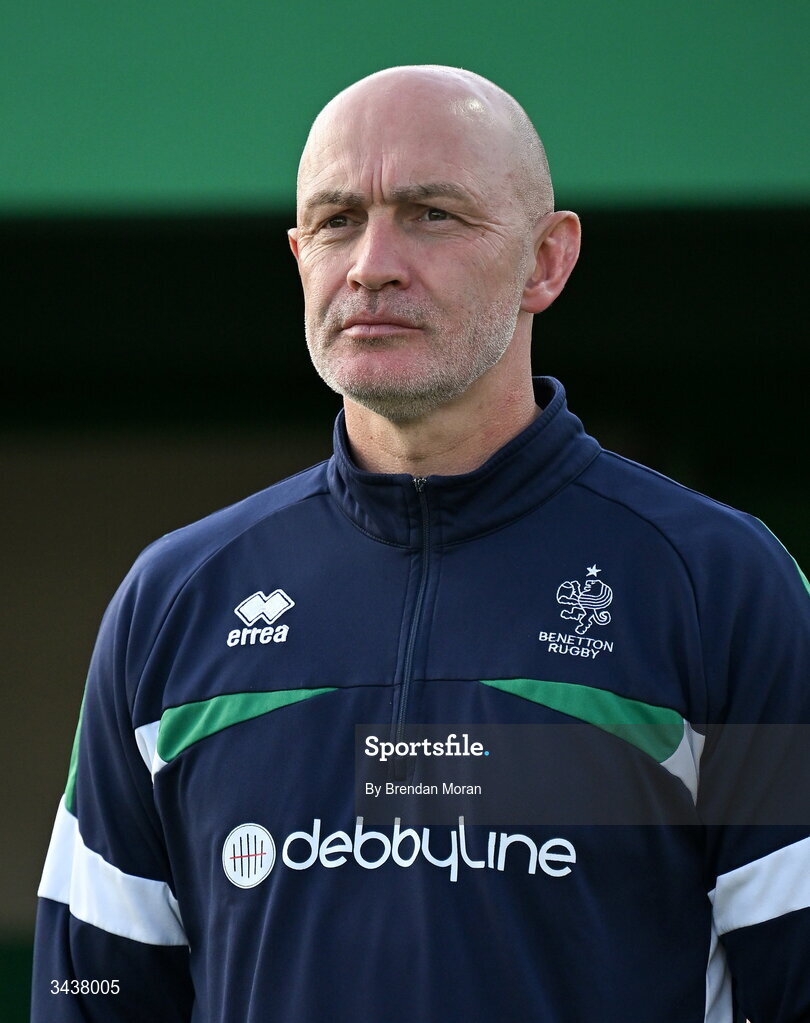 25 April 2026; Benetton head coach Calum MacRae before the United Rugby Championship match between Benetton and Leinster at Stadio Monigo in Treviso, Italy. Photo by Brendan Moran/Sportsfile