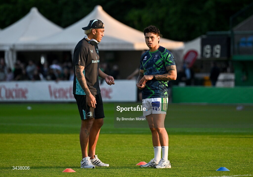25 April 2026; Rieko Ioane of Leinster, left, and Jacob Umaga of Benetton before the United Rugby Championship match between Benetton and Leinster at Stadio Monigo in Treviso, Italy. Photo by Brendan Moran/Sportsfile